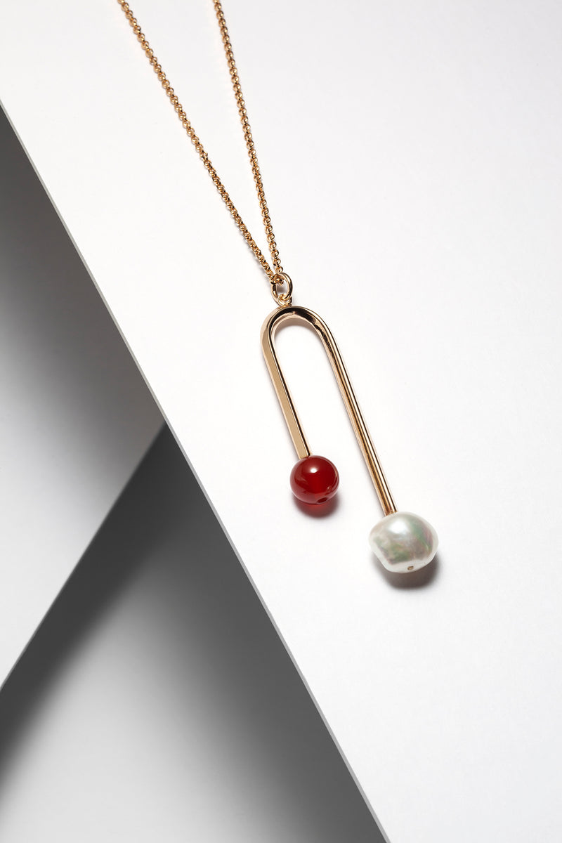 Long gold women necklace with Carnelian and pearl pendant - Canada