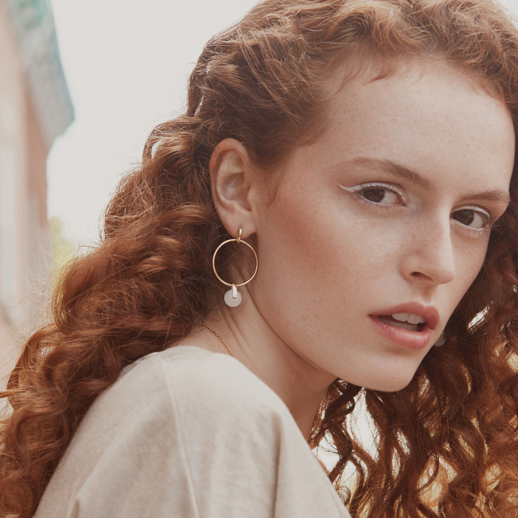 14k gold plated silver hoop earrings with white jade