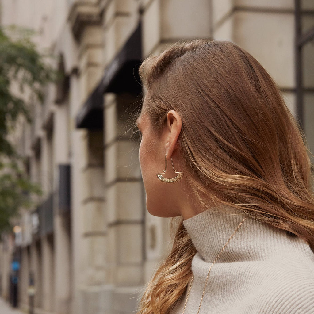 Big gold art deco inspired statement hoop earrings