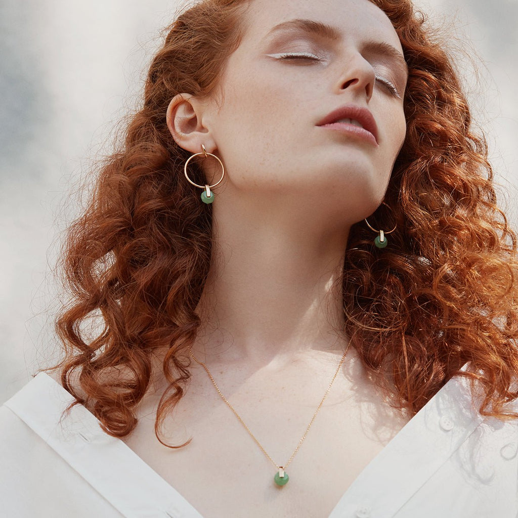 Gold plated large dangle hoops with green aventurine for women