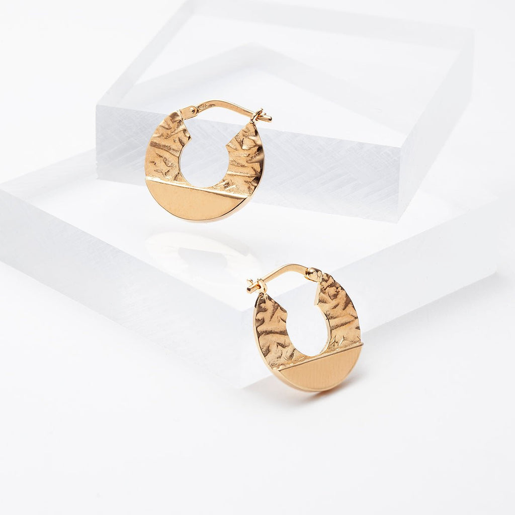 Hammered flat disk hoop earrings in silver
