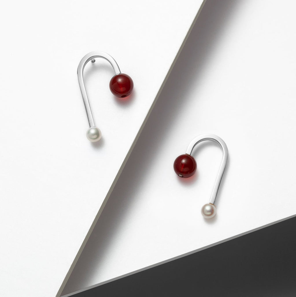 Arch Earrings With Carnelian Stone and Freshwater Pearl in sterling silver