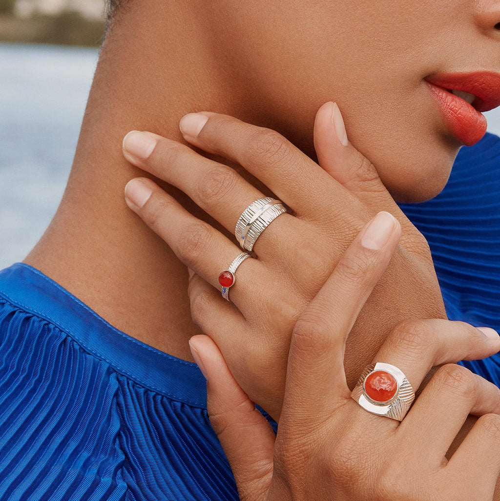 trio rings set in sterling silver with red carnelian