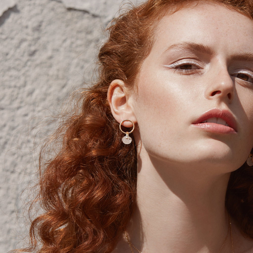 Rose quartz gold dangle hoop earrings