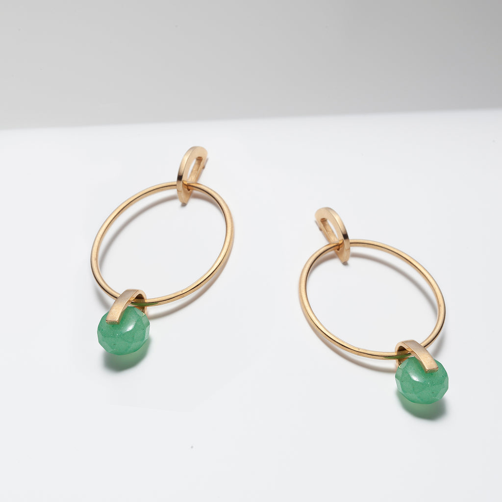 Gold plated large dangle hoops with green aventurine for women