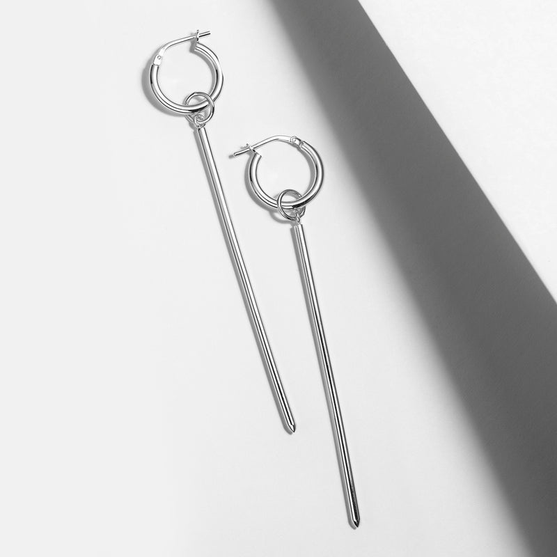 Solid sterling silver small hoop earrings with long dangling bar charms