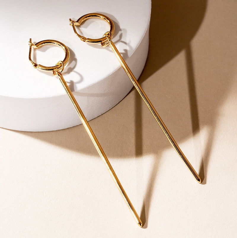 Extra long hoop earrings with dangling bar charms-gold plated silver