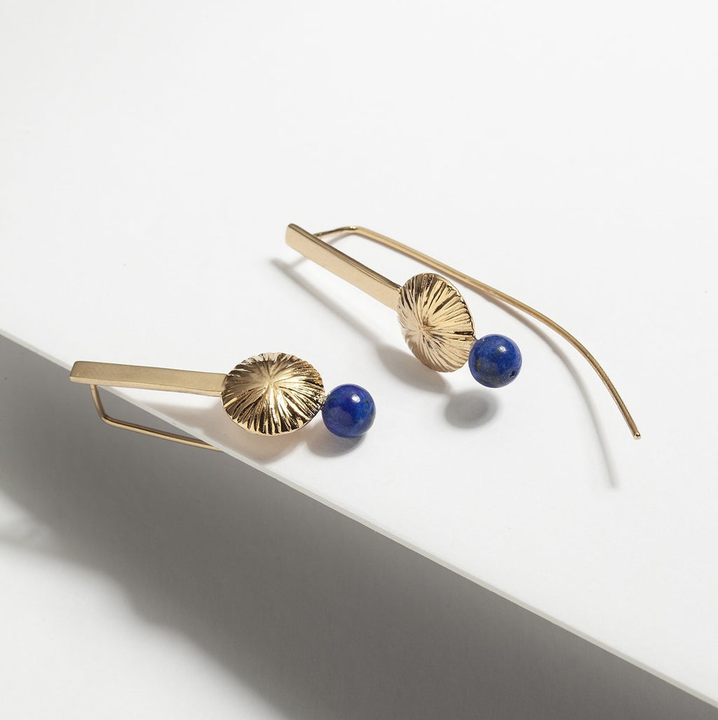 Gold plated silver long dangle earrings with blue lapis lazuli stones