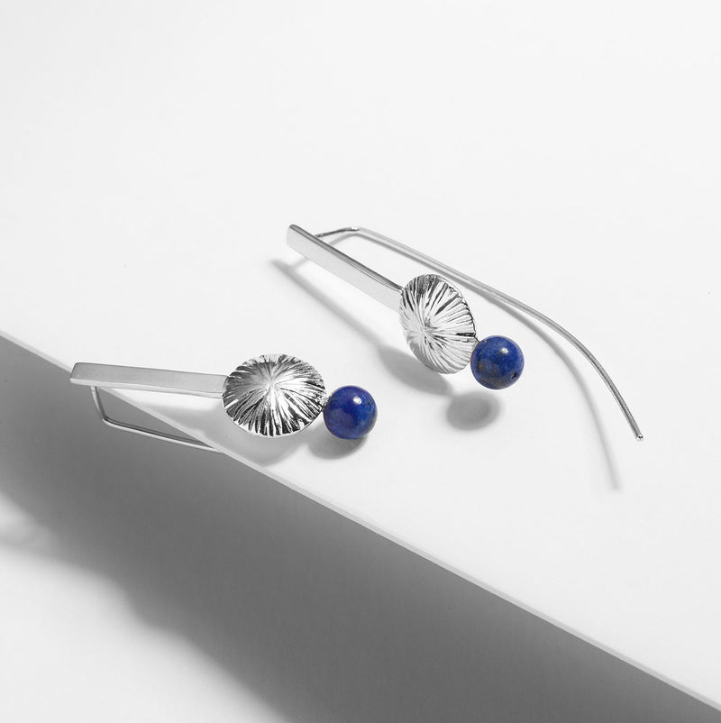 Solid sterling silver long dangle designer earrings with lapis lazuli