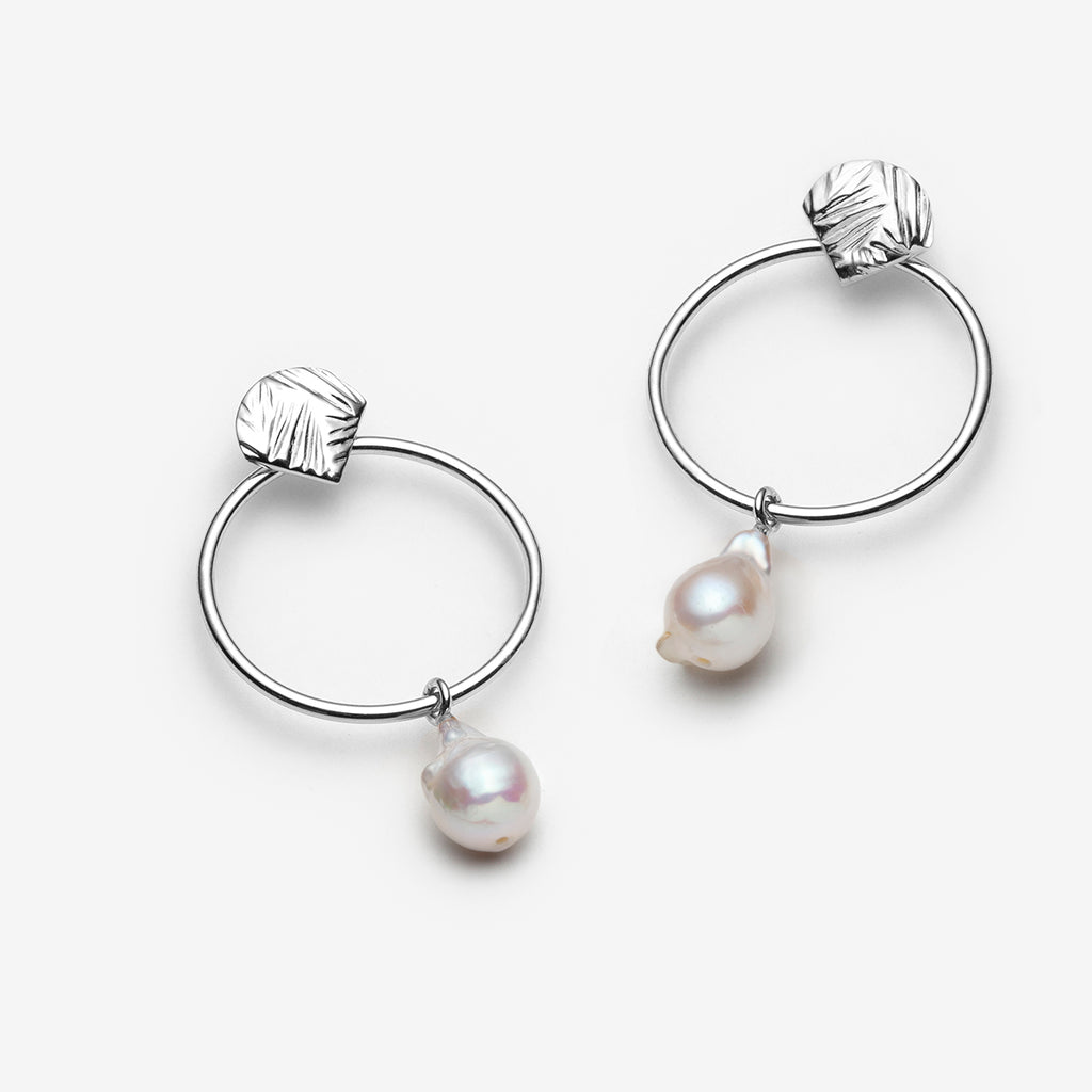 Sterling silver charm pearl hoop earrings