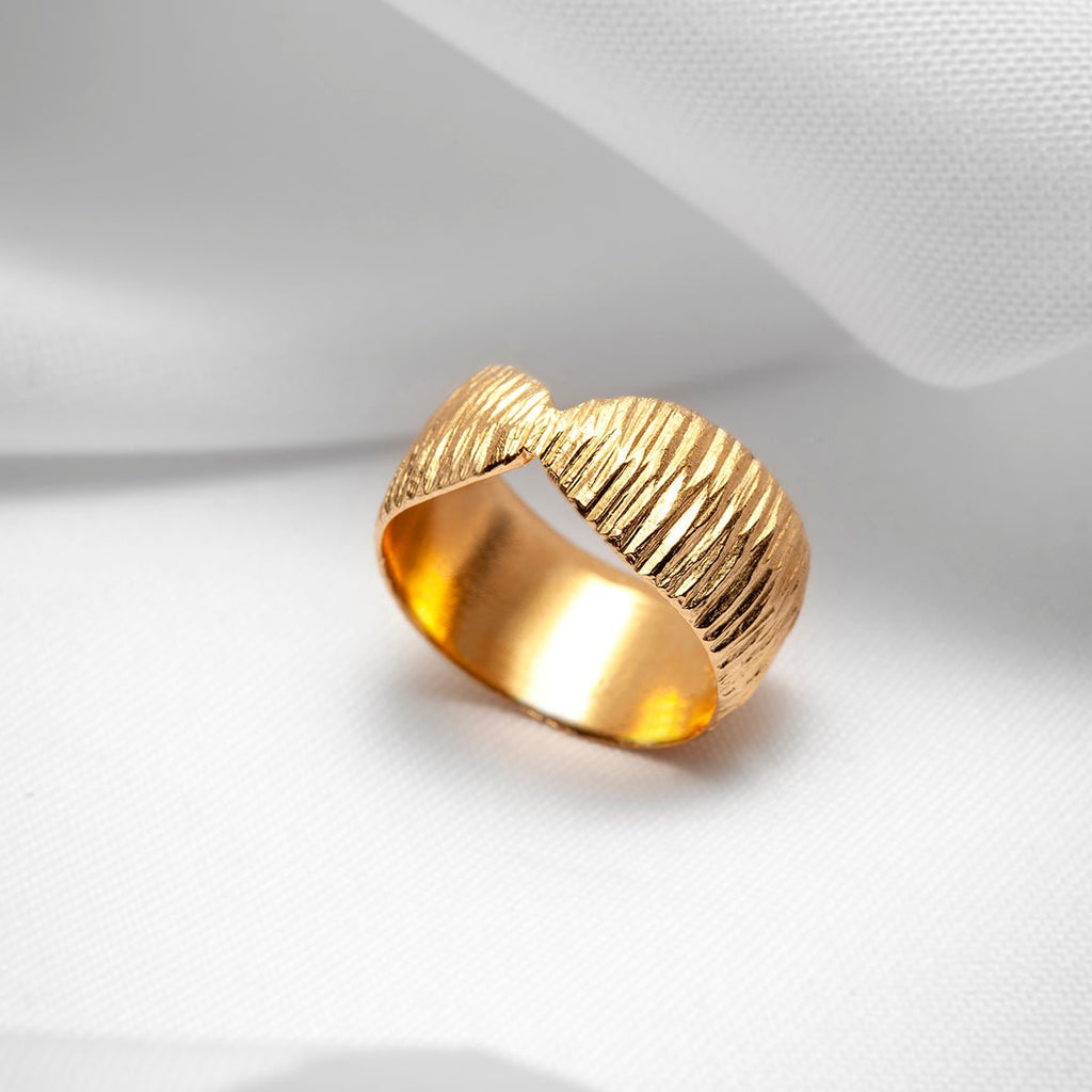 Gold vermeil wide band ring textured for women