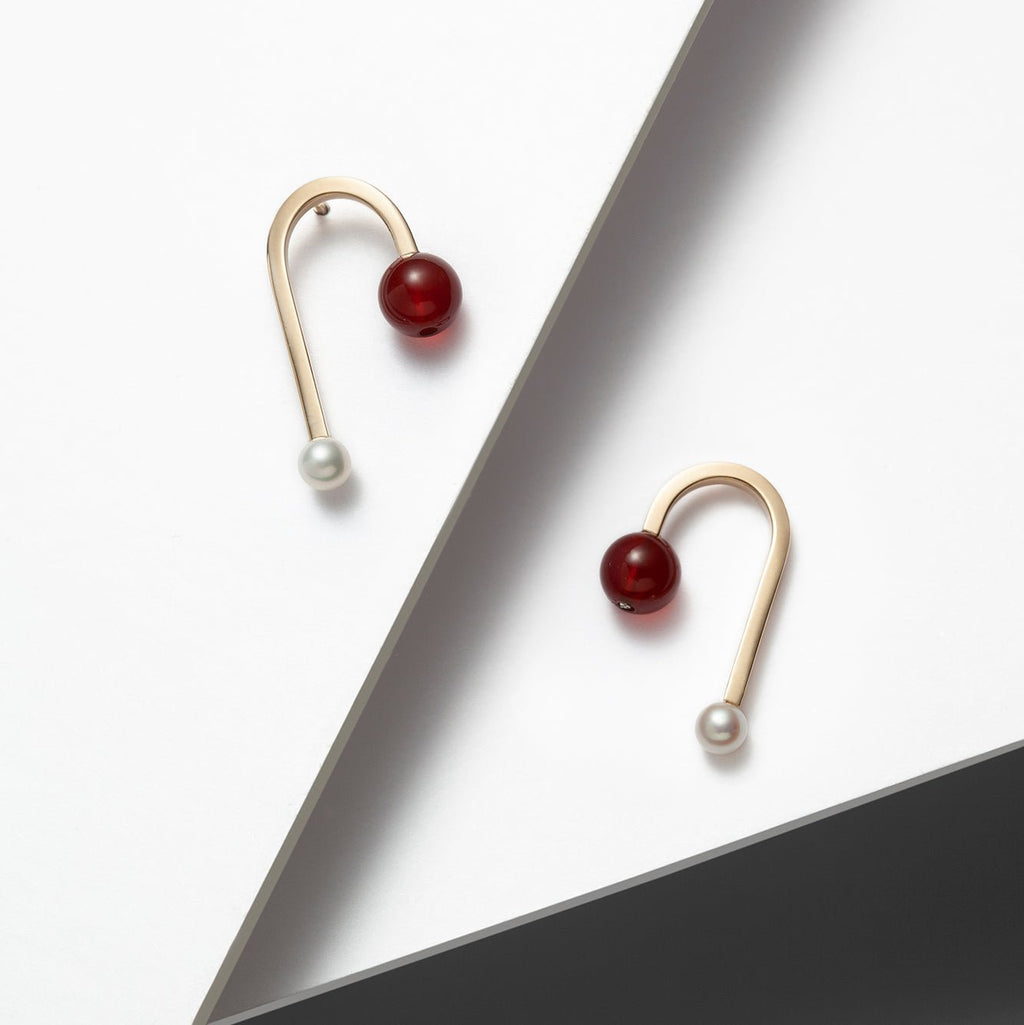 Arch Earrings With red Carnelian Stone and Freshwater Pearl in gold plated silver