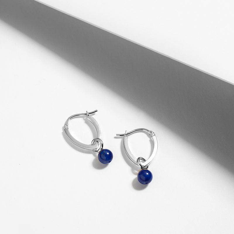 Triangle sterling silver hoop earrings with lapis lazuli charms