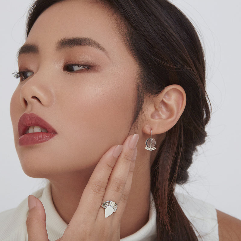 Grey stone dangle stud earrings in silver