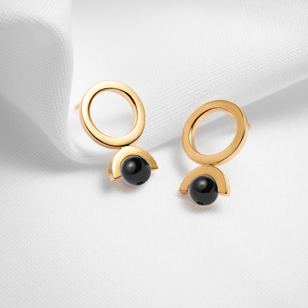 Gold vermeil black onyx stone open circle earrings