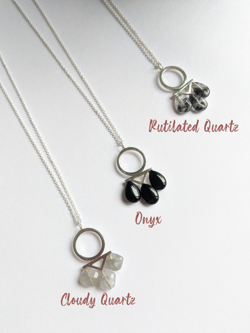 Diamond shape quartz, teardrop onyx and rutilated quartz silver pendant necklaces