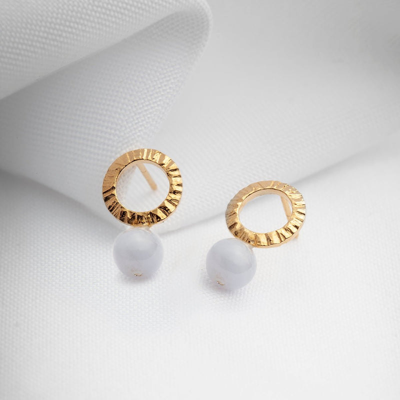 Dainty gold circle studs with blue lace agate