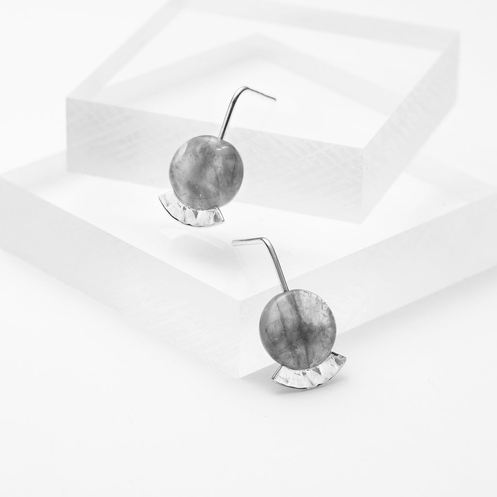 Long stem sterling silver and grey cloudy quartz hammered curved bar stud earrings