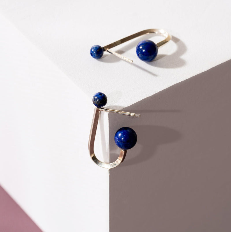 Lapis lazuli and sterling silver modern earrings, U shaped wrap around the earlobe