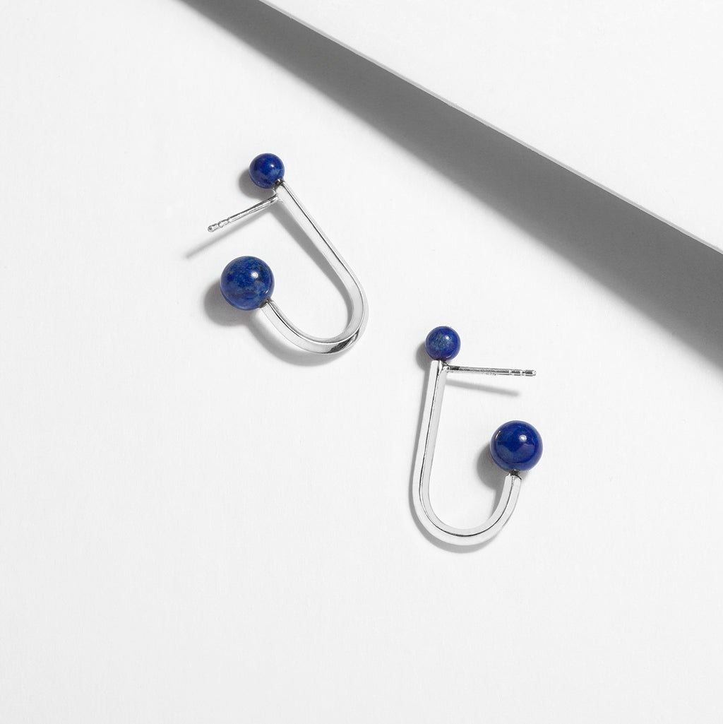 U shaped wrap post earrings silver and lapis lazuli