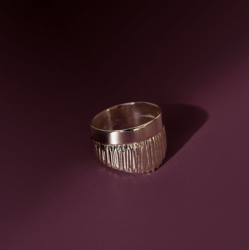 Wide sterling silver double ring, polished and textured band