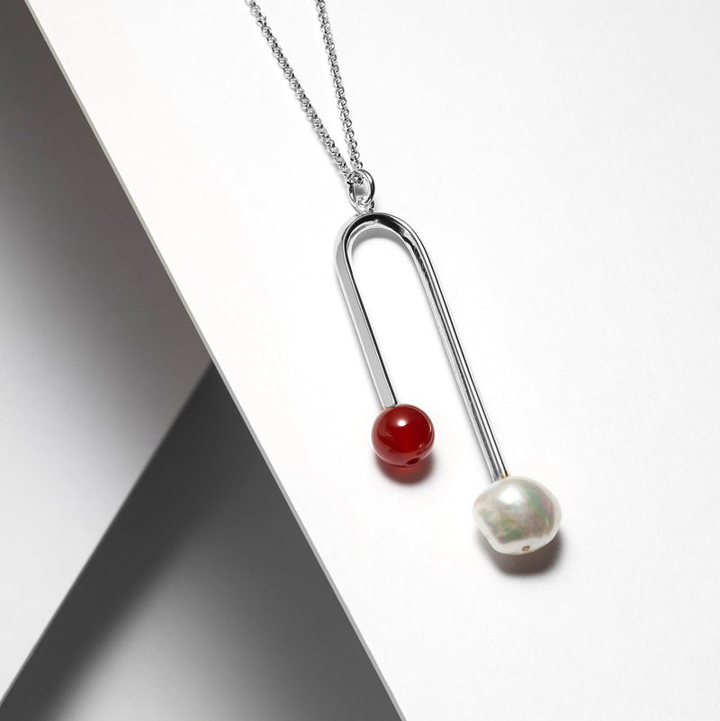 Modern long necklace with arch pendant, made in Canada