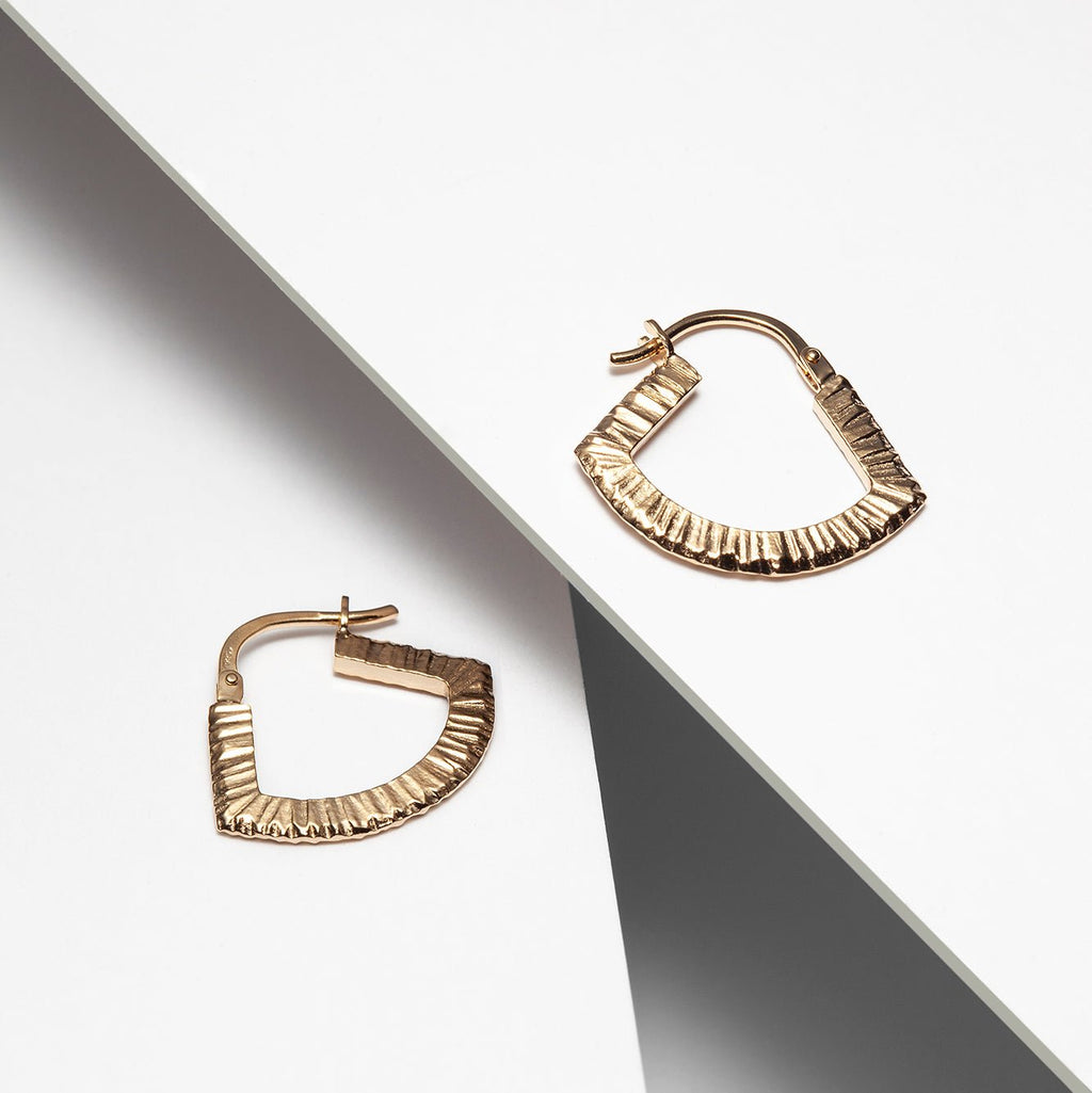 14k gold plated silver geometric hoop earrings with linear texture