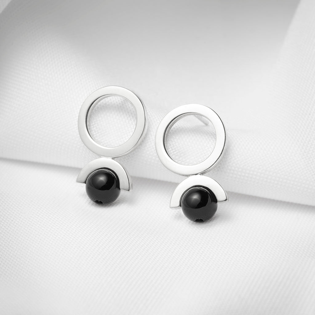 Open circle silver earrings black onyx
