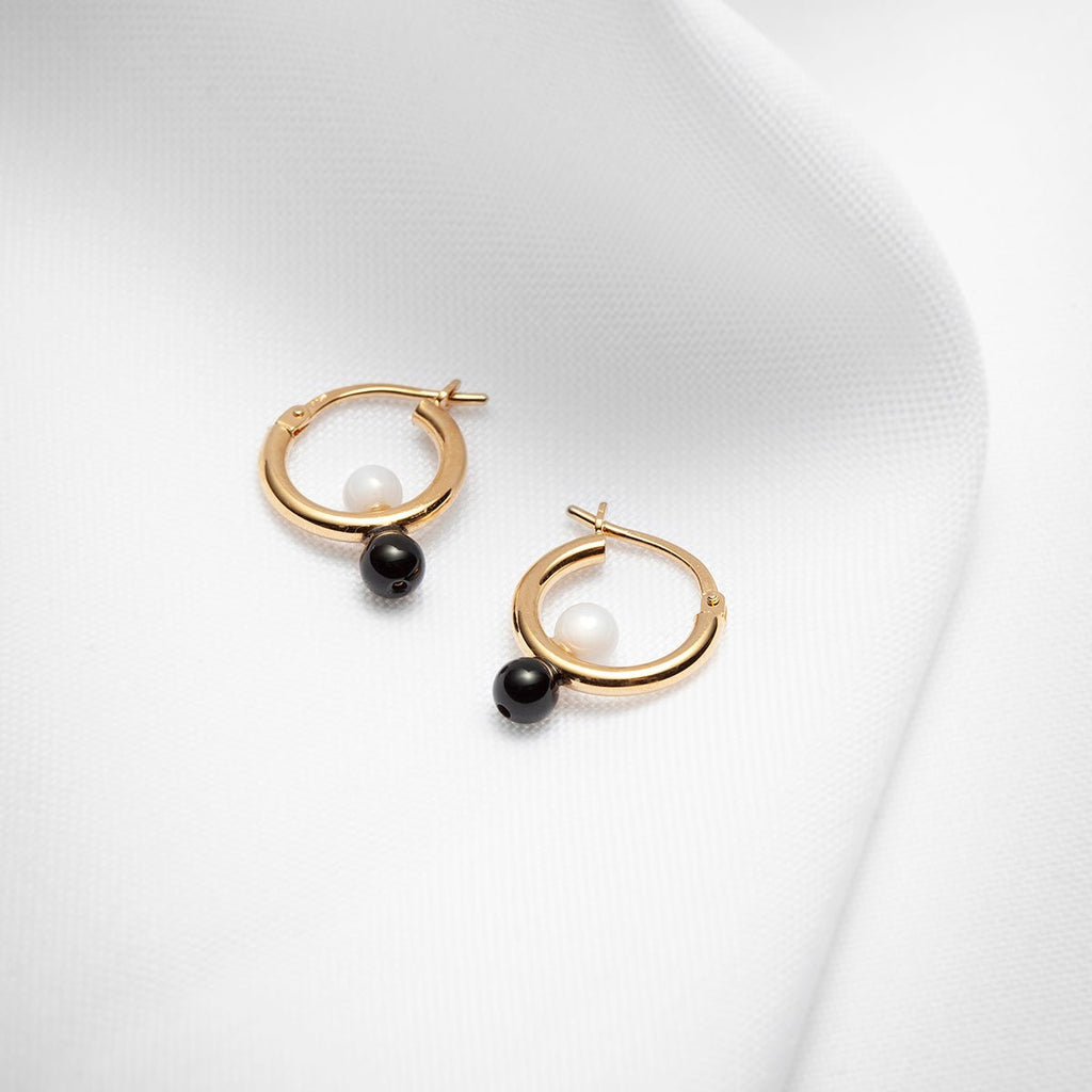Gold vermeil onyx and agate small hinged hoop earrings