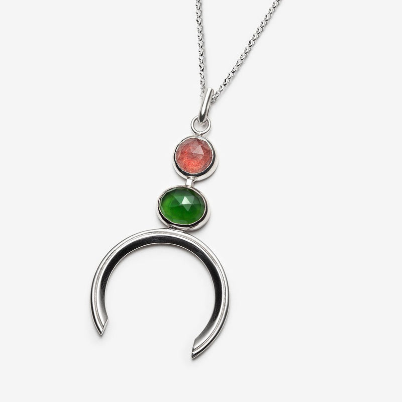 Half-Moon Pendant Necklace in sterling silver with green and pink gemstones