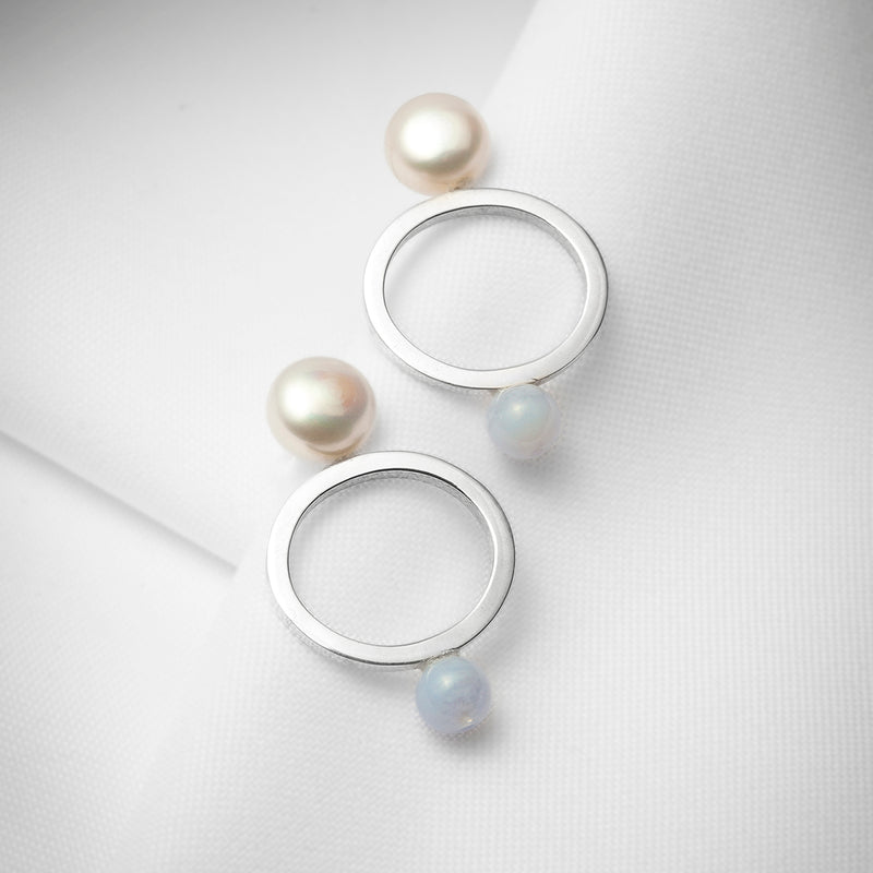 Open oval stud earrings in sterling silver larges pearls and blue lace agate