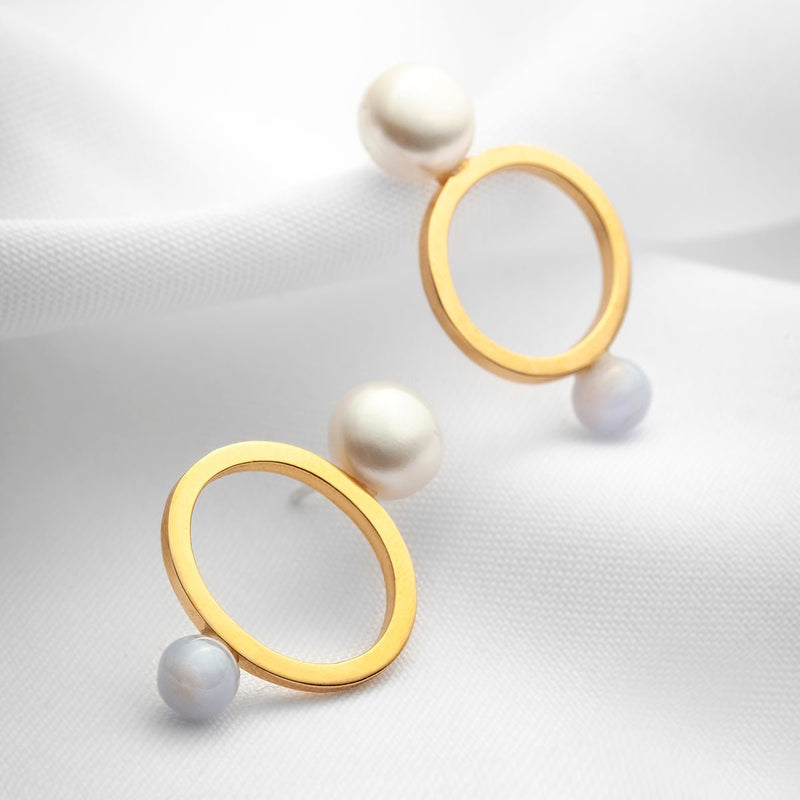 Gold plated vermeil open oval stud earrings in sterling silver larges pearls and blue lace agate