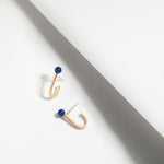 Lapis lazuli designer earrings, J shaped earrings the goes below the the earlobe, gold plated silver