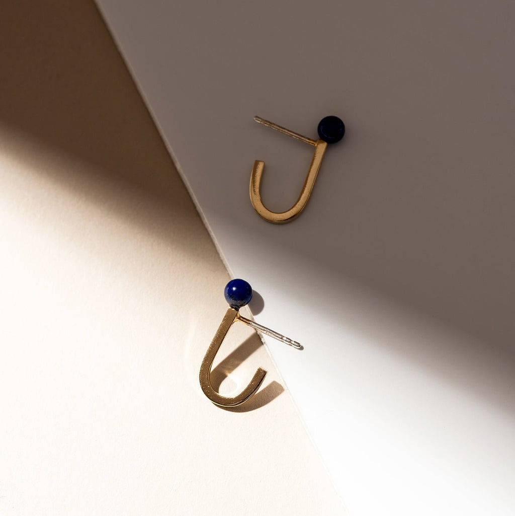 Lapis lazuli gold plated silver modern bar stud earrings