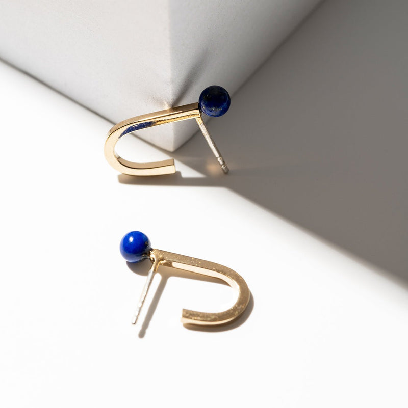 Gold plated silver earrings with 4 mm lapis lazuli, ear huggies