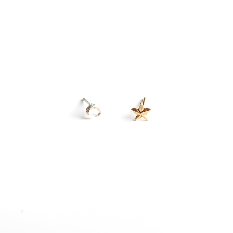 gold star and silver moon crescent stud earrings